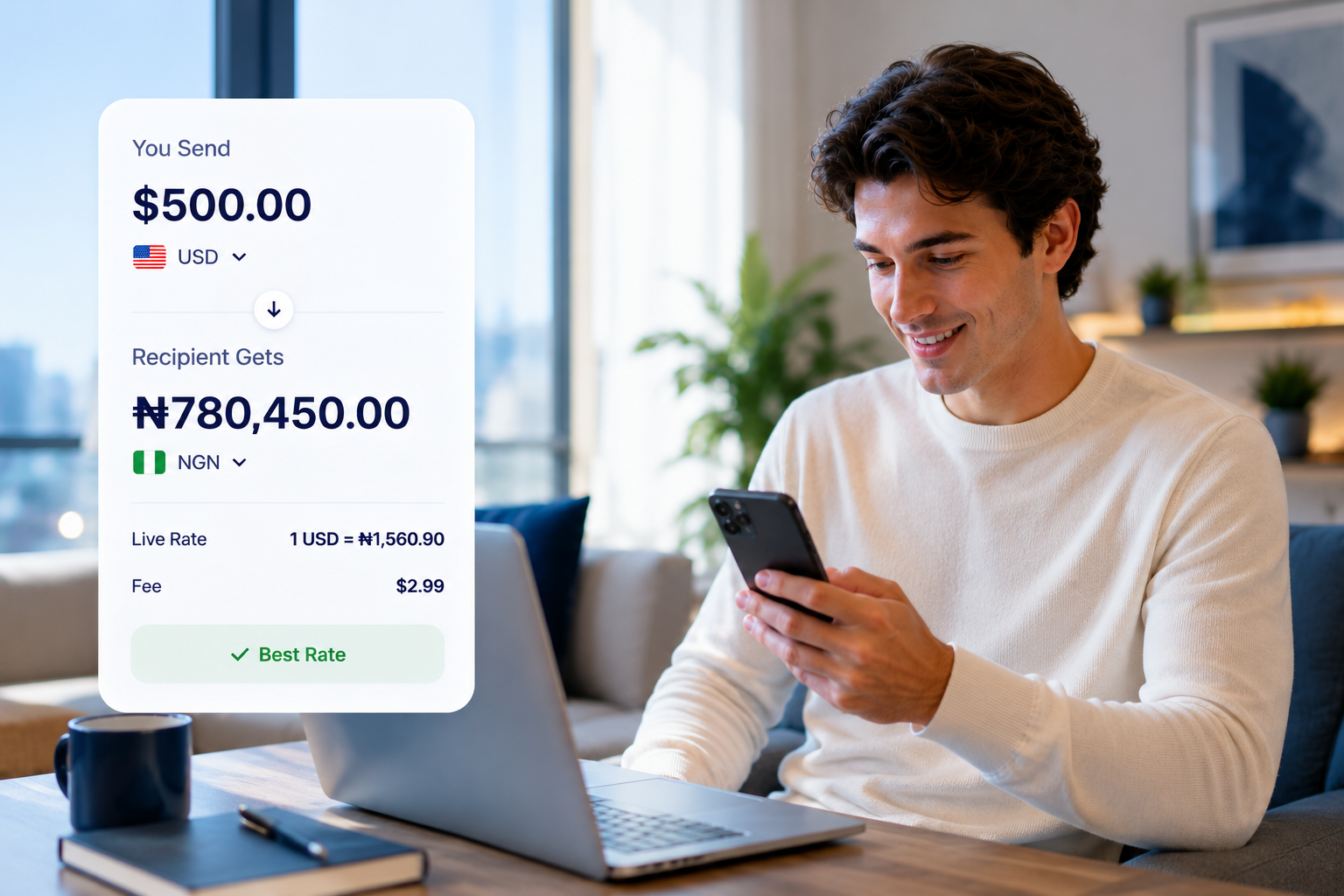 Nesvra transfer calculation screen displaying exchange rates and delivery choices