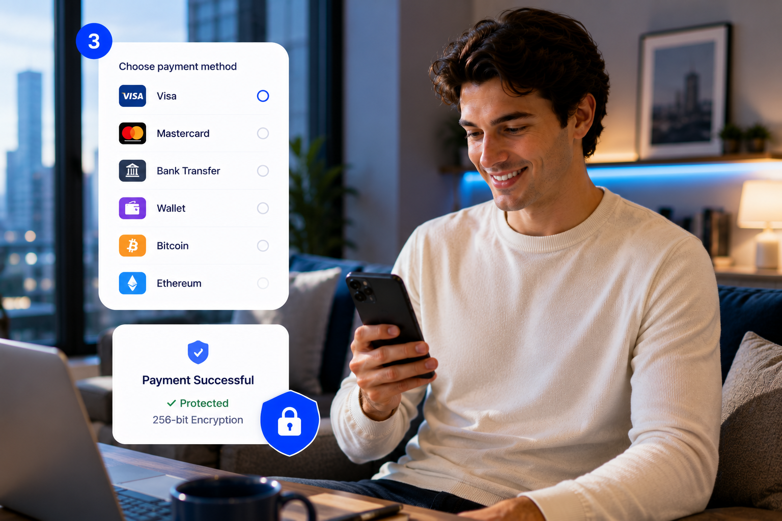 Encrypted payment options panel including crypto and cards